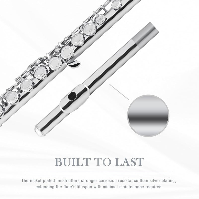 SONICAKE Nickel-plated C Flutes, Closed Hole 16Keys Flute for Beginner Student, Flute Instrument with Cleaning Kit, Carrying Case, Gloves, Tuning Rod, QFL-01 - Image 4